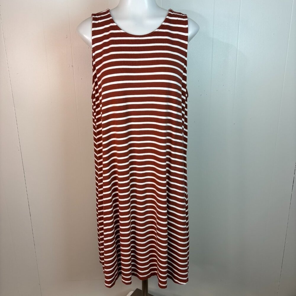 Old Navy Mini Swing Dress XL‎ Brown White Striped Sleeveless Stretch Casual